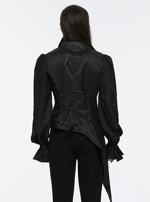 Asymmetric Non-Stretch Black Shiny Woven Patchwork Jacquard Back Waist Adjustable Drawstring Gothic Style Lapel Vest
