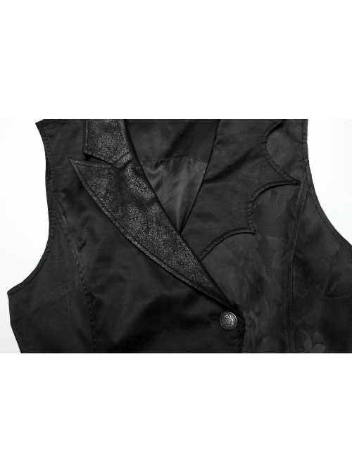 Asymmetric Non-Stretch Black Shiny Woven Patchwork Jacquard Back Waist Adjustable Drawstring Gothic Style Lapel Vest