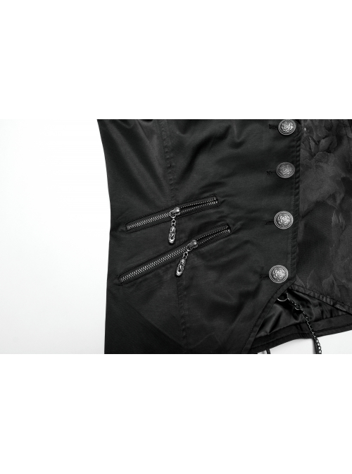 Asymmetric Non-Stretch Black Shiny Woven Patchwork Jacquard Back Waist Adjustable Drawstring Gothic Style Lapel Vest