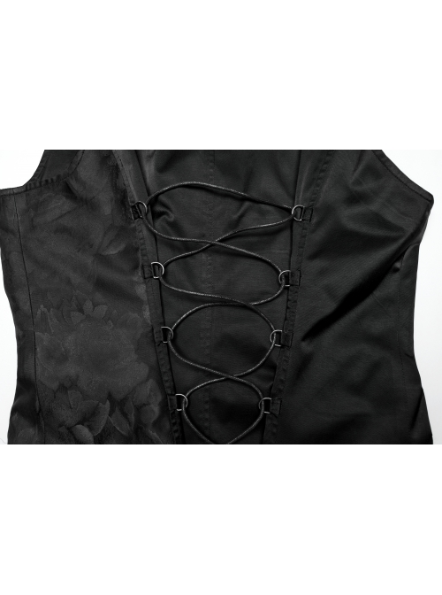 Asymmetric Non-Stretch Black Shiny Woven Patchwork Jacquard Back Waist Adjustable Drawstring Gothic Style Lapel Vest