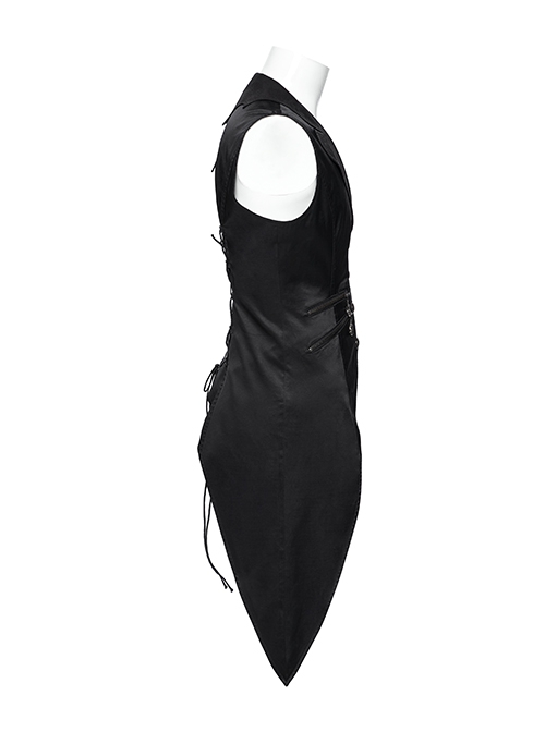 Asymmetric Non-Stretch Black Shiny Woven Patchwork Jacquard Back Waist Adjustable Drawstring Gothic Style Lapel Vest
