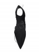 Asymmetric Non-Stretch Black Shiny Woven Patchwork Jacquard Back Waist Adjustable Drawstring Gothic Style Lapel Vest