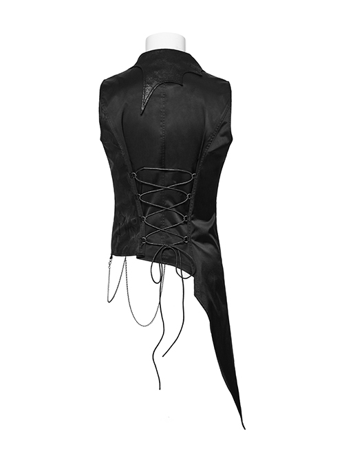 Asymmetric Non-Stretch Black Shiny Woven Patchwork Jacquard Back Waist Adjustable Drawstring Gothic Style Lapel Vest