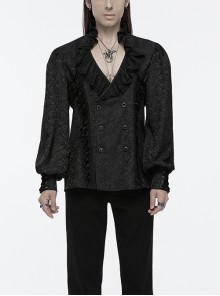 Black Jacquard Chiffon Woven Fabric Elegant Ruffle Collar In The Front Center Exquisite Double Breasted Design Gothic Style Lantern Sleeve Shirt