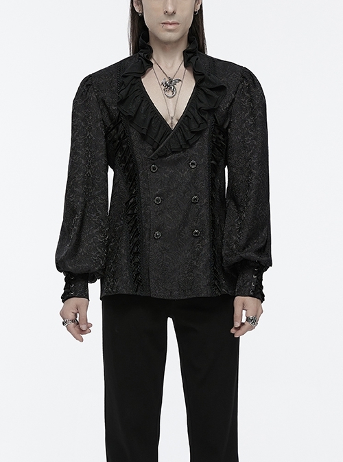Black Jacquard Chiffon Woven Fabric Elegant Ruffle Collar In The Front Center Exquisite Double Breasted Design Gothic Style Lantern Sleeve Shirt