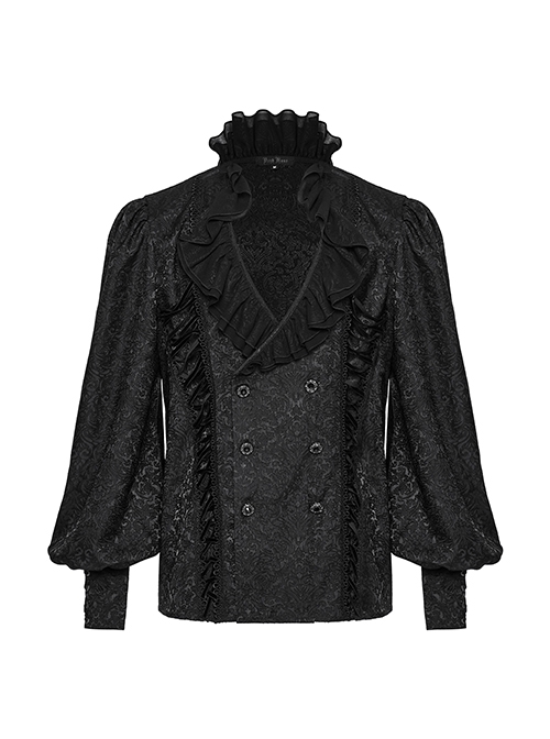 Black Jacquard Chiffon Woven Fabric Elegant Ruffle Collar In The Front Center Exquisite Double Breasted Design Gothic Style Lantern Sleeve Shirt