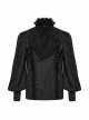 Black Jacquard Chiffon Woven Fabric Elegant Ruffle Collar In The Front Center Exquisite Double Breasted Design Gothic Style Lantern Sleeve Shirt