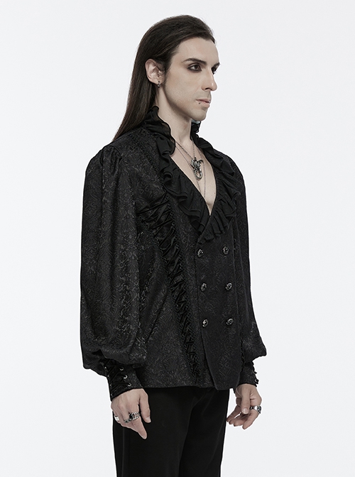 Black Jacquard Chiffon Woven Fabric Elegant Ruffle Collar In The Front Center Exquisite Double Breasted Design Gothic Style Lantern Sleeve Shirt