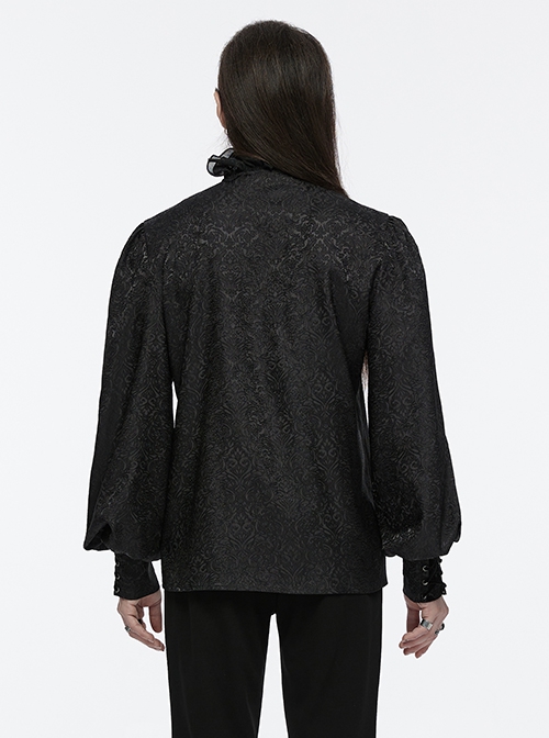 Black Jacquard Chiffon Woven Fabric Elegant Ruffle Collar In The Front Center Exquisite Double Breasted Design Gothic Style Lantern Sleeve Shirt