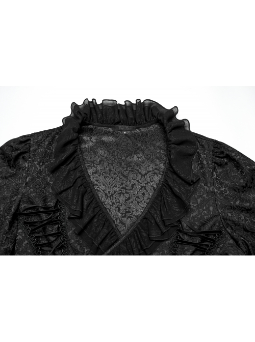 Black Jacquard Chiffon Woven Fabric Elegant Ruffle Collar In The Front Center Exquisite Double Breasted Design Gothic Style Lantern Sleeve Shirt