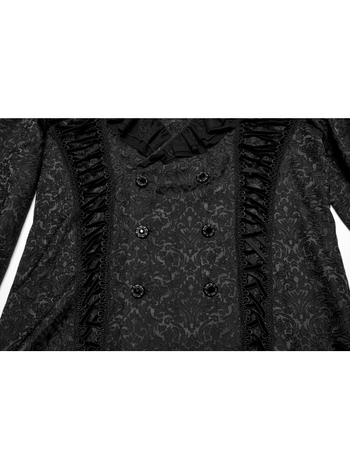 Black Jacquard Chiffon Woven Fabric Elegant Ruffle Collar In The Front Center Exquisite Double Breasted Design Gothic Style Lantern Sleeve Shirt