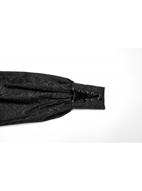 Black Jacquard Chiffon Woven Fabric Elegant Ruffle Collar In The Front Center Exquisite Double Breasted Design Gothic Style Lantern Sleeve Shirt