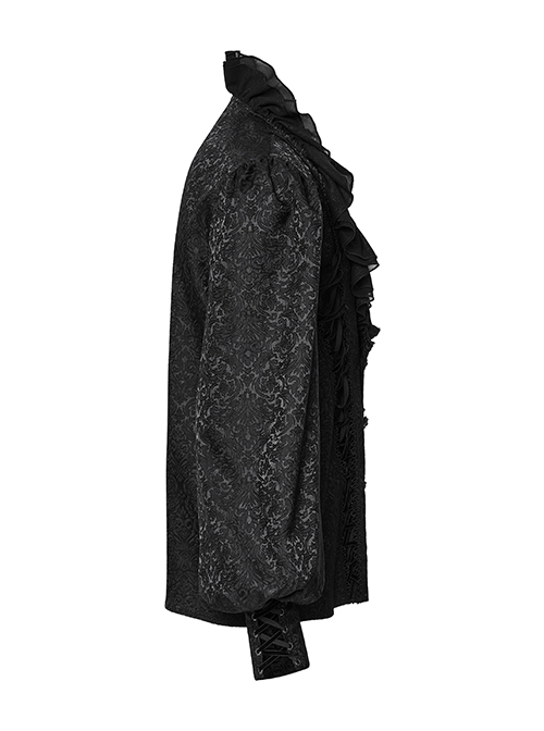Black Jacquard Chiffon Woven Fabric Elegant Ruffle Collar In The Front Center Exquisite Double Breasted Design Gothic Style Lantern Sleeve Shirt