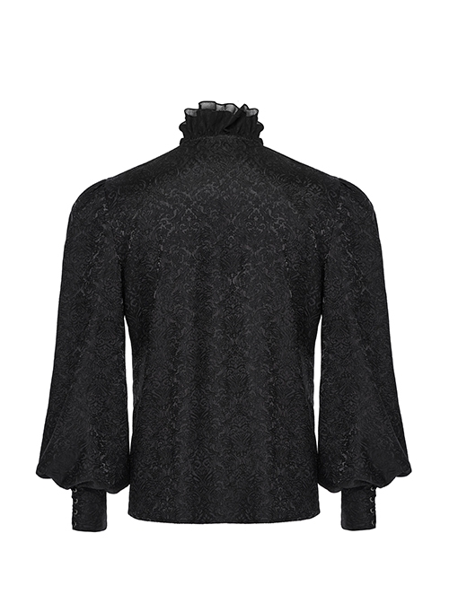 Black Jacquard Chiffon Woven Fabric Elegant Ruffle Collar In The Front Center Exquisite Double Breasted Design Gothic Style Lantern Sleeve Shirt