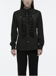 Personalized Black Jacquard Woven Front Drawstring Side Horn Rivet Embellishment Gothic Style Long Sleeved Shirt
