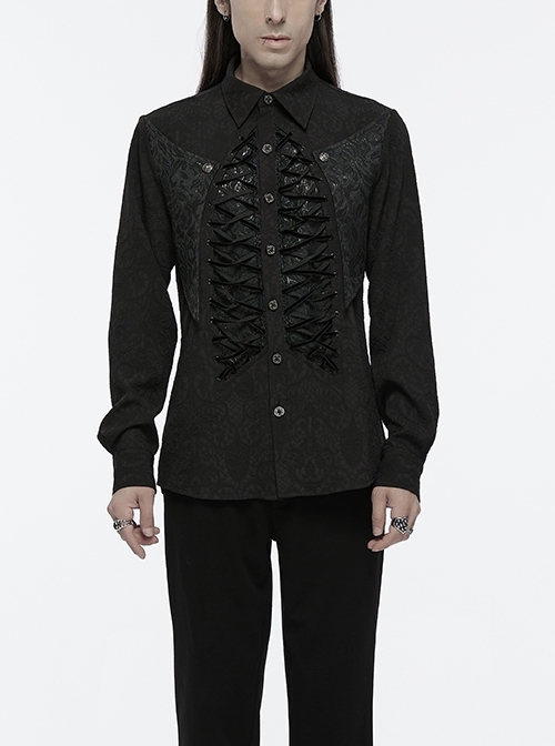 Personalized Black Jacquard Woven Front Drawstring Side Horn Rivet Embellishment Gothic Style Long Sleeved Shirt