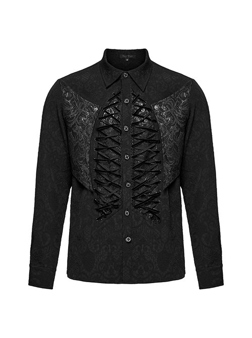 Personalized Black Jacquard Woven Front Drawstring Side Horn Rivet Embellishment Gothic Style Long Sleeved Shirt