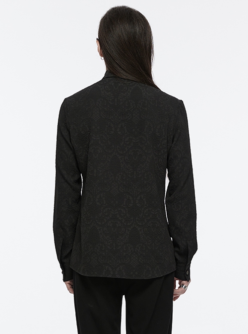 Personalized Black Jacquard Woven Front Drawstring Side Horn Rivet Embellishment Gothic Style Long Sleeved Shirt