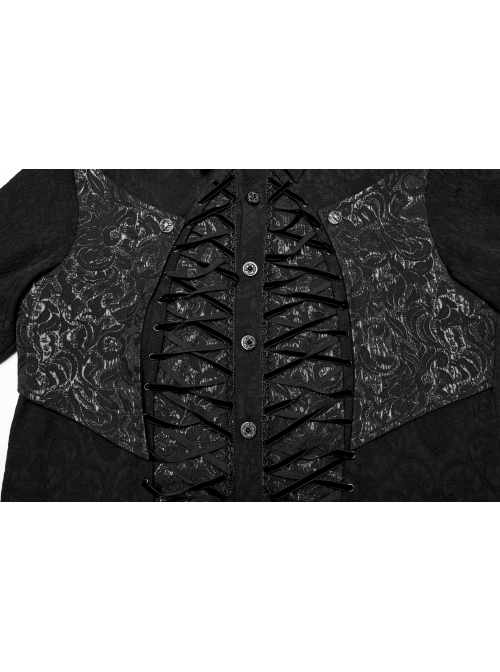 Personalized Black Jacquard Woven Front Drawstring Side Horn Rivet Embellishment Gothic Style Long Sleeved Shirt