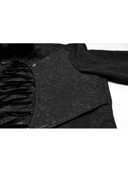 Personalized Black Jacquard Woven Front Drawstring Side Horn Rivet Embellishment Gothic Style Long Sleeved Shirt