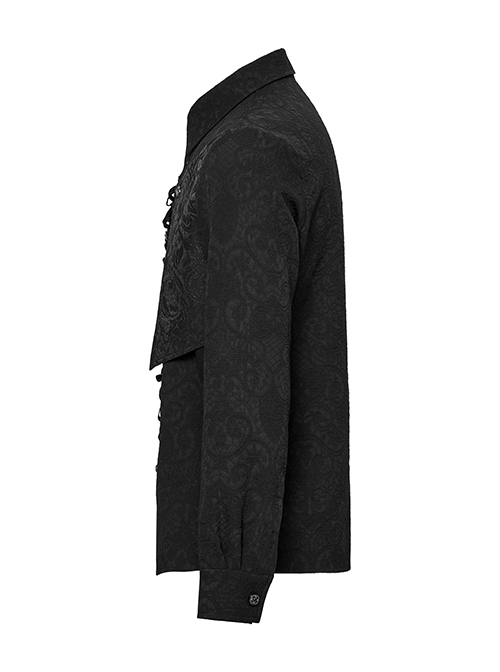 Personalized Black Jacquard Woven Front Drawstring Side Horn Rivet Embellishment Gothic Style Long Sleeved Shirt