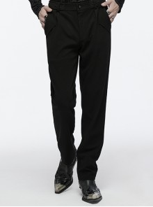 Simple Black Stretch Twill Knit With Retro Three Dimensional Button Design Gothic Style Trousers