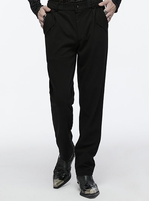 Simple Black Stretch Twill Knit With Retro Three Dimensional Button Design Gothic Style Trousers