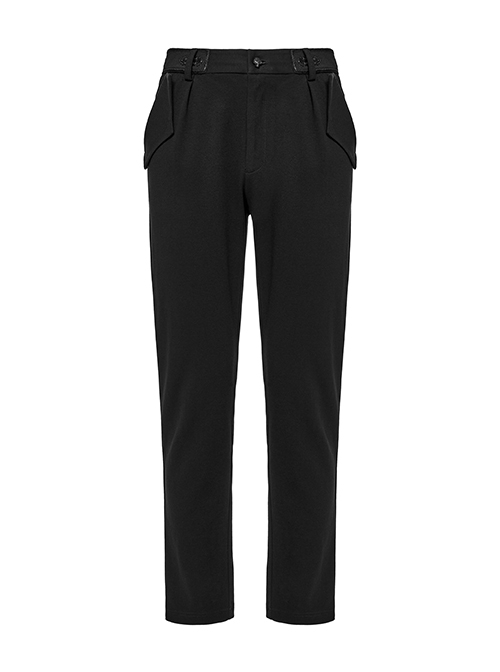 Simple Black Stretch Twill Knit With Retro Three Dimensional Button Design Gothic Style Trousers
