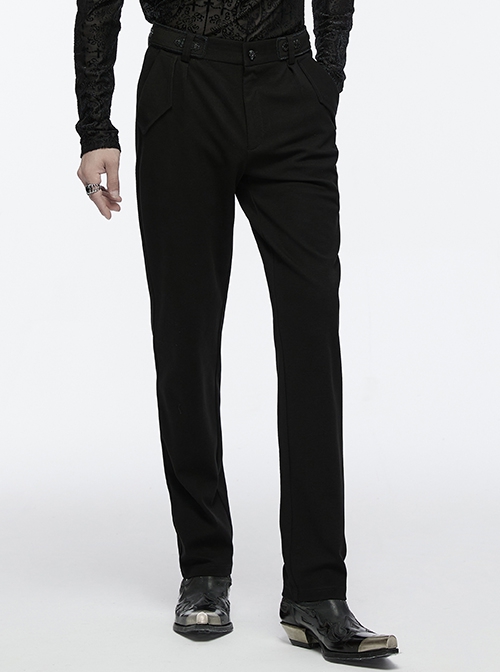 Simple Black Stretch Twill Knit With Retro Three Dimensional Button Design Gothic Style Trousers