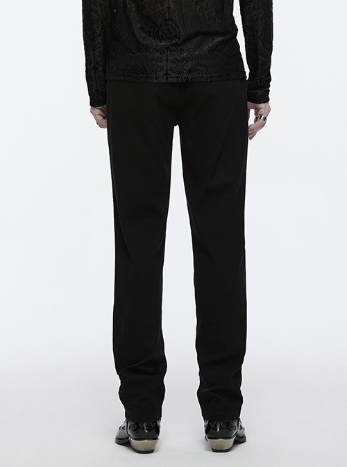 Simple Black Stretch Twill Knit With Retro Three Dimensional Button Design Gothic Style Trousers