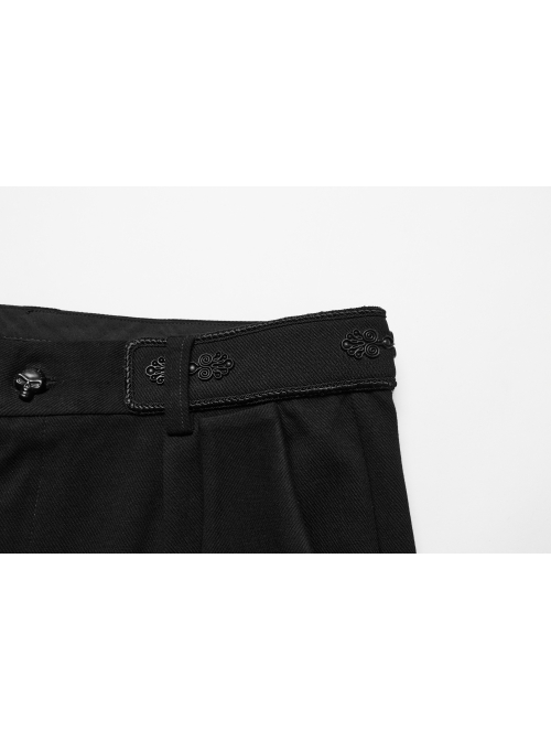Simple Black Stretch Twill Knit With Retro Three Dimensional Button Design Gothic Style Trousers