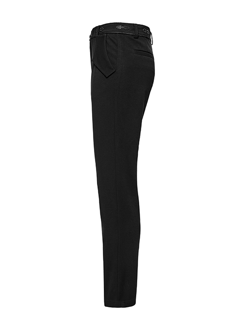 Simple Black Stretch Twill Knit With Retro Three Dimensional Button Design Gothic Style Trousers