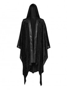 Dark Black Soft Embossed Velvet Spliced ​​With Twill Faux Leather Fabric With Irregular Spiked Hem Gothic Style Hooded Jacket
