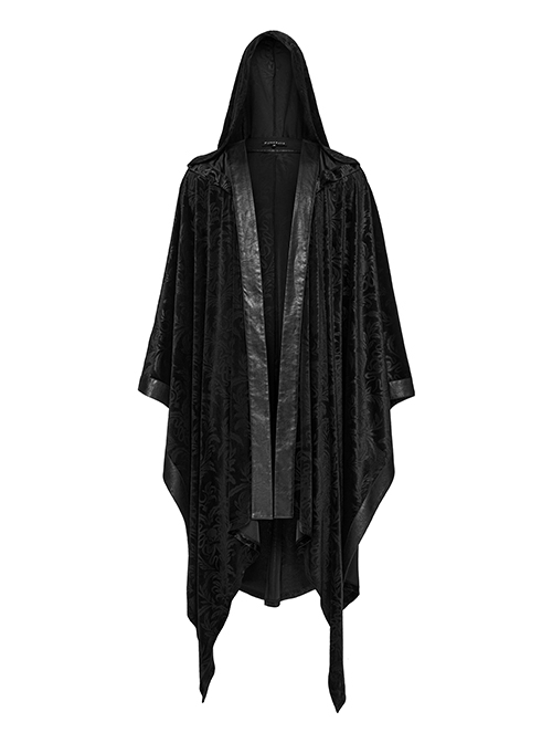 Dark Black Soft Embossed Velvet Spliced ​​With Twill Faux Leather Fabric With Irregular Spiked Hem Gothic Style Hooded Jacket
