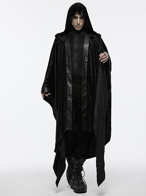 Dark Black Soft Embossed Velvet Spliced ​​With Twill Faux Leather Fabric With Irregular Spiked Hem Gothic Style Hooded Jacket
