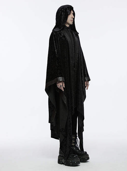 Dark Black Soft Embossed Velvet Spliced ​​With Twill Faux Leather Fabric With Irregular Spiked Hem Gothic Style Hooded Jacket