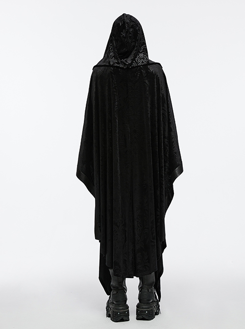 Dark Black Soft Embossed Velvet Spliced ​​With Twill Faux Leather Fabric With Irregular Spiked Hem Gothic Style Hooded Jacket