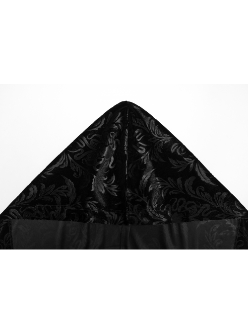 Dark Black Soft Embossed Velvet Spliced ​​With Twill Faux Leather Fabric With Irregular Spiked Hem Gothic Style Hooded Jacket