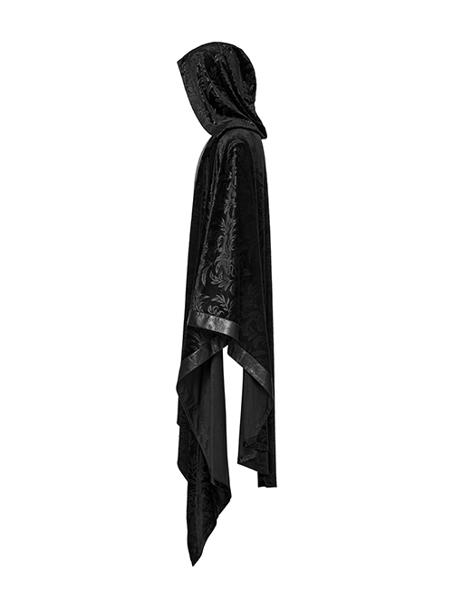 Dark Black Soft Embossed Velvet Spliced ​​With Twill Faux Leather Fabric With Irregular Spiked Hem Gothic Style Hooded Jacket