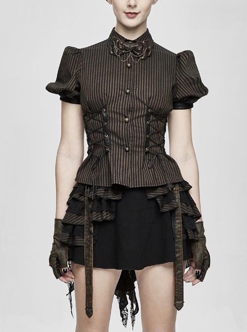 Brown Striped Short Bubble Sleeve Back Lace-Up Punk Blouse