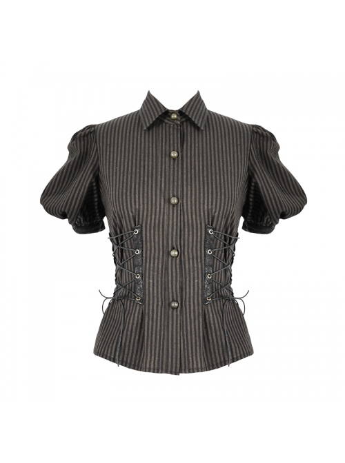 Brown Striped Short Bubble Sleeve Back Lace-Up Punk Blouse