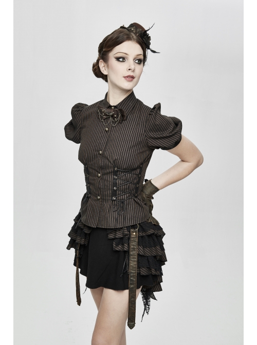 Brown Striped Short Bubble Sleeve Back Lace-Up Punk Blouse