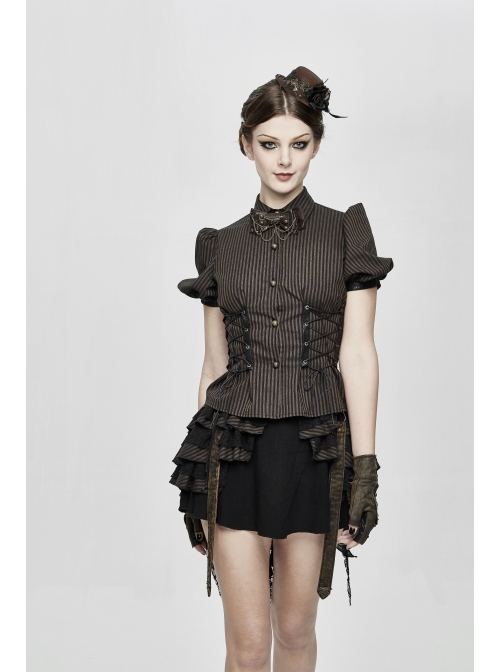 Brown Striped Short Bubble Sleeve Back Lace-Up Punk Blouse