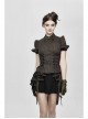Brown Striped Short Bubble Sleeve Back Lace-Up Punk Blouse