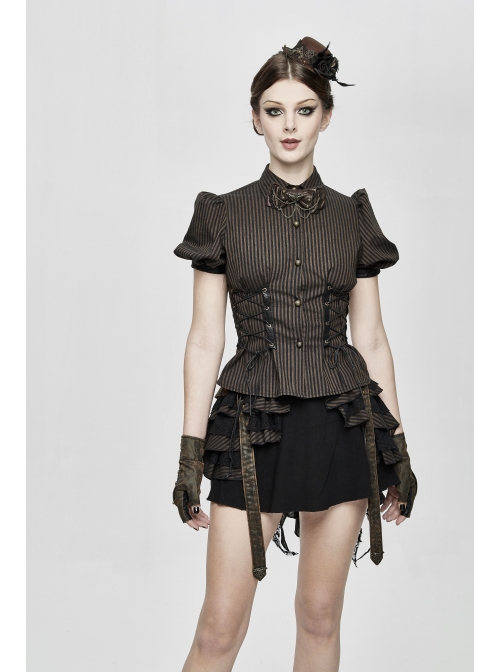 Brown Striped Short Bubble Sleeve Back Lace-Up Punk Blouse