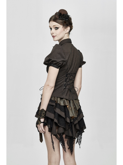 Brown Striped Short Bubble Sleeve Back Lace-Up Punk Blouse