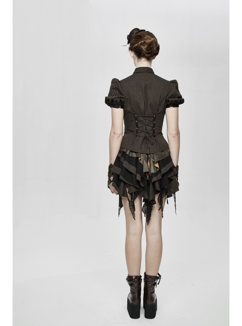 Brown Striped Short Bubble Sleeve Back Lace-Up Punk Blouse