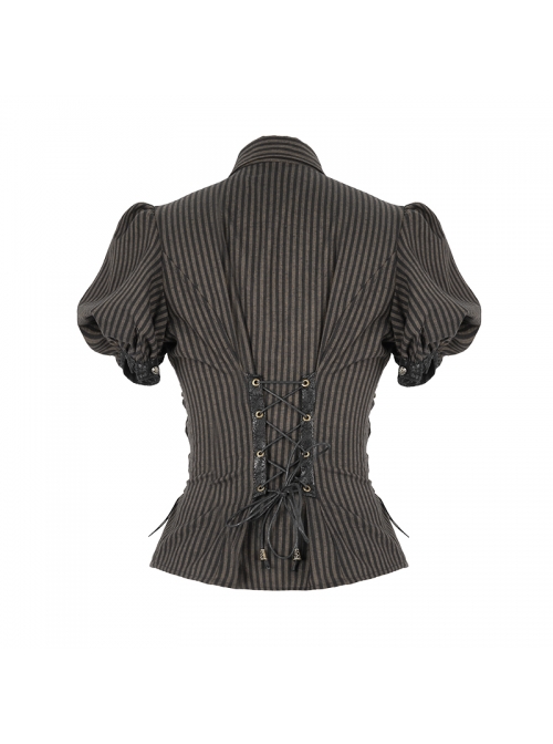 Brown Striped Short Bubble Sleeve Back Lace-Up Punk Blouse