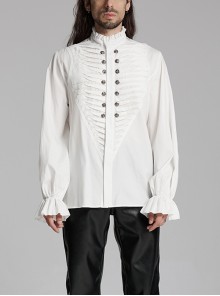 Simple White Woven Front Center Three Dimensional Pleats With Metal Buttons Embellished Gothic Style Long Sleeved Shirt