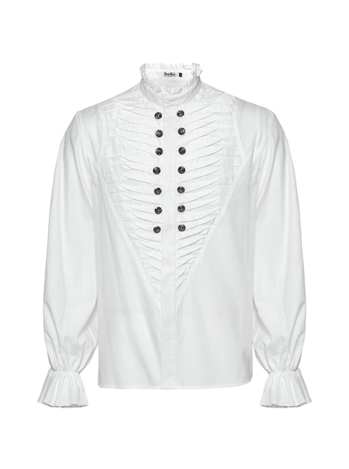 Simple White Woven Front Center Three Dimensional Pleats With Metal Buttons Embellished Gothic Style Long Sleeved Shirt